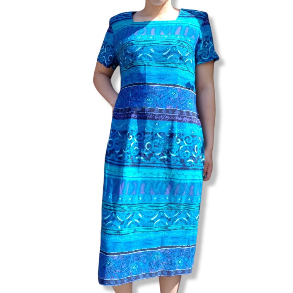 Vintage Sag Harbor Blue Patterned Knee-length Sheath Dress Size 12